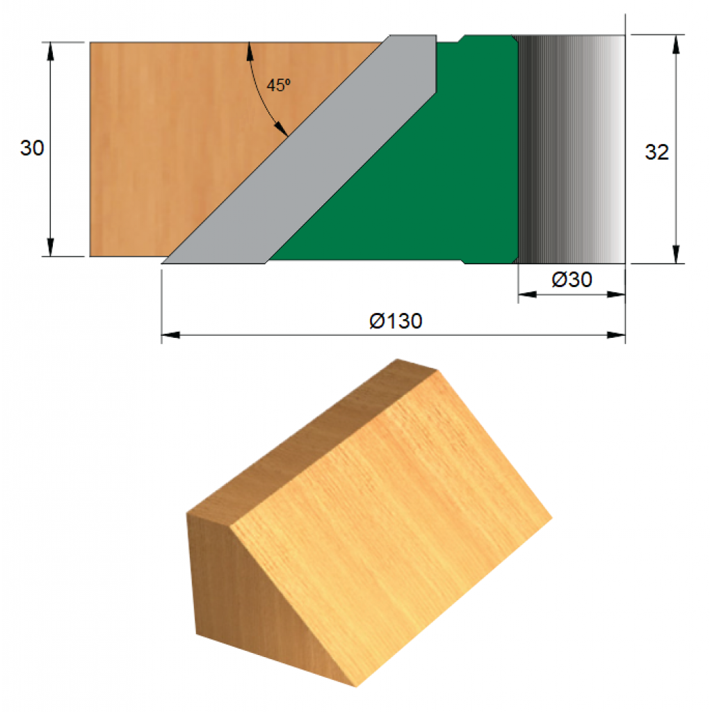 Fresa para Meia-Esquadria 45° Ø130 x 32 x 30 - 2 Dentes - Cód. 1530.14